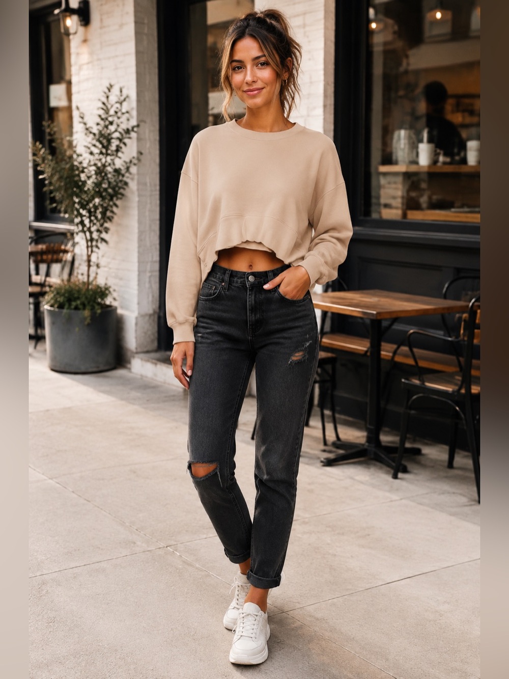 Zara Pale Peach Cropped Crewneck Sweatshirt